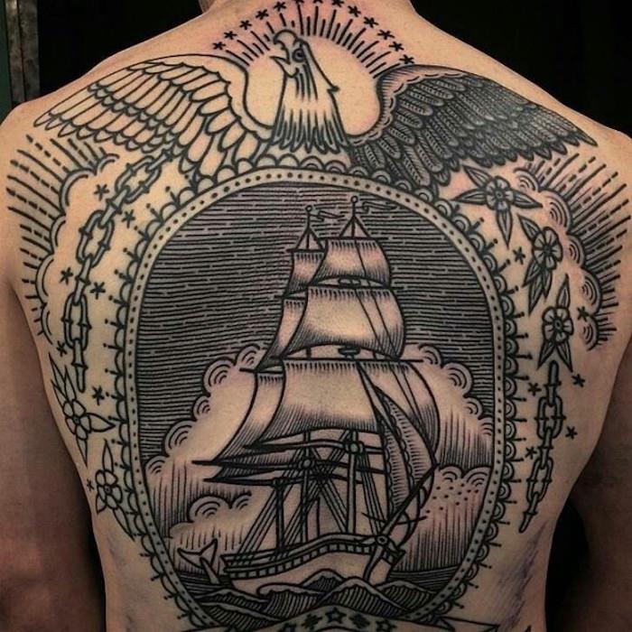 pilnas žmogaus nugaros tatuiruotė didelė tatuiruotė atgal valtis senoji mokykla