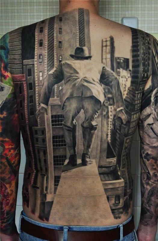 visa nugaros tatuiruotė vyrams didelė tikroviška tatuiruotė Niujorkas 3d
