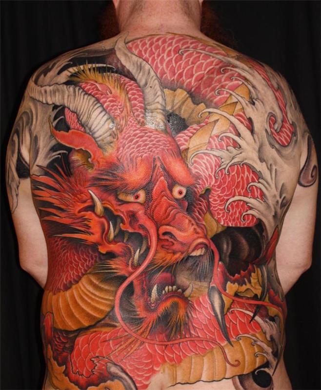 Drakono genties tatuiruotė drakonas atgal japonų spalvos