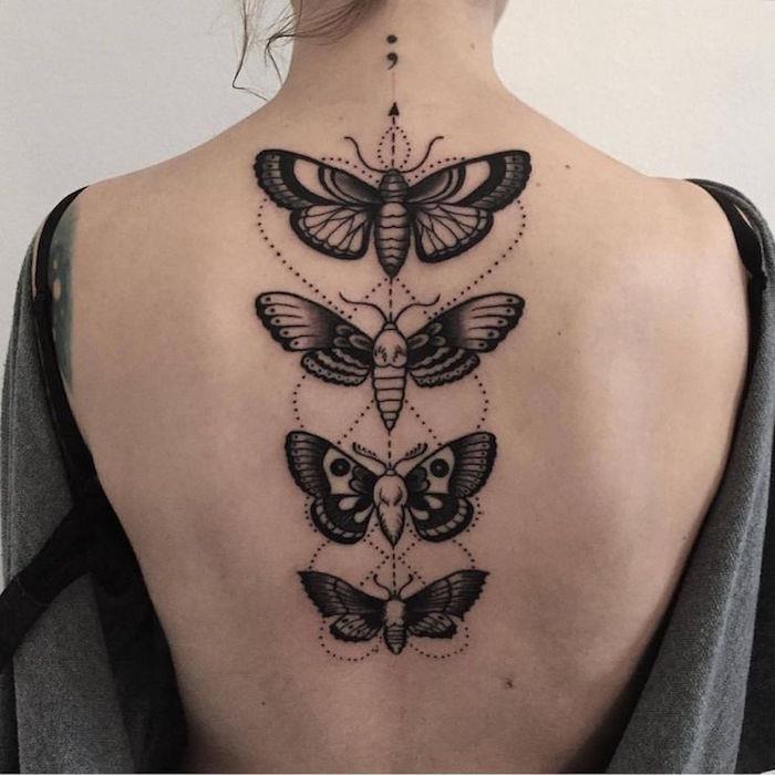 Nugaros tatuiruotė moters stuburo drugelio tatuiruotė