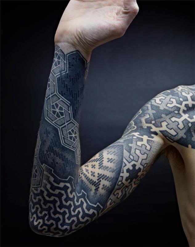 tetovaža plemenskega človeka, risba s črnilom na moški roki s trikotnimi vzorci in sestavljanko