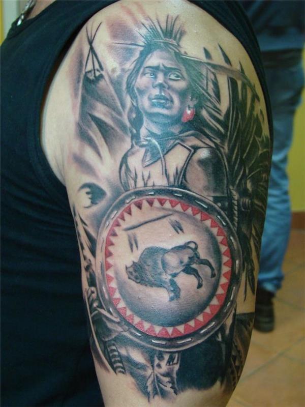 domorodni ameriški vzorec, tetovaža na roki in rami za moške, tetovaža v črni in rdeči barvi