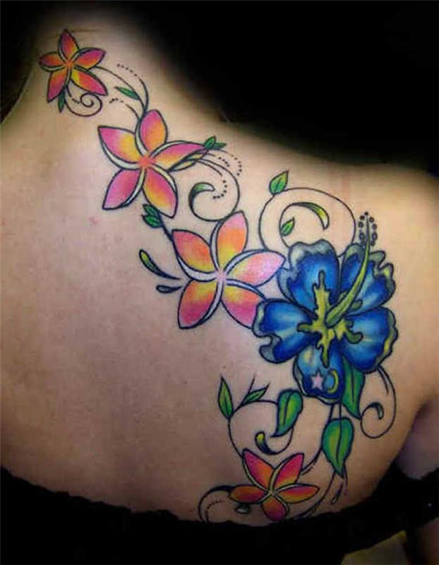Tatuiruotė moteris atgal gėlės spalvos kaklo raktikaulis