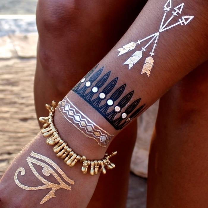 začasna tetovaža v črni kani in zlati nalepki, imitacija nakita za ženske z etničnim dizajnom