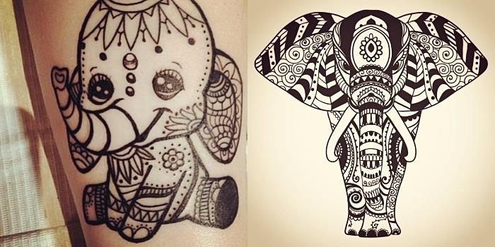 oblikovanje tetovaže, majhen slon z etničnimi vzorci in mandalo, tetovaža z vzorci slonov
