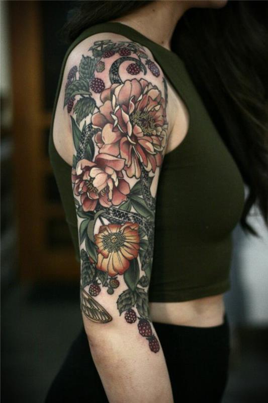 Moteriškos rankos tatuiruotė, gėlių rankogaliai moterims, didelių gėlių ir aviečių tatuiruotė