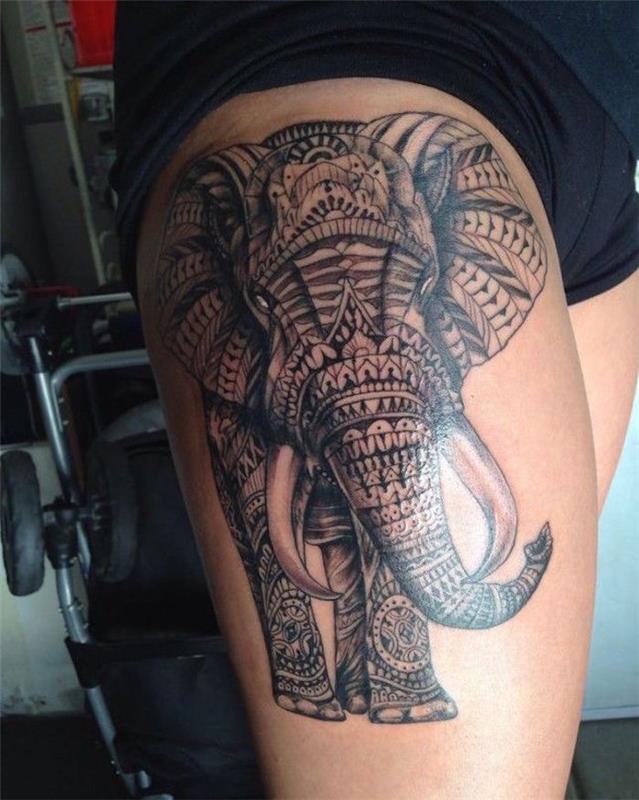 Tetovaža slona stegno ženska noga tatoo