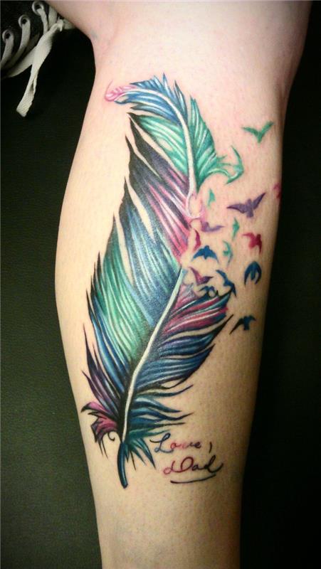 kojų tatuiruotė, rašalo piešimas su paukščiais ir plunksnomis, spalvota tatuiruotė