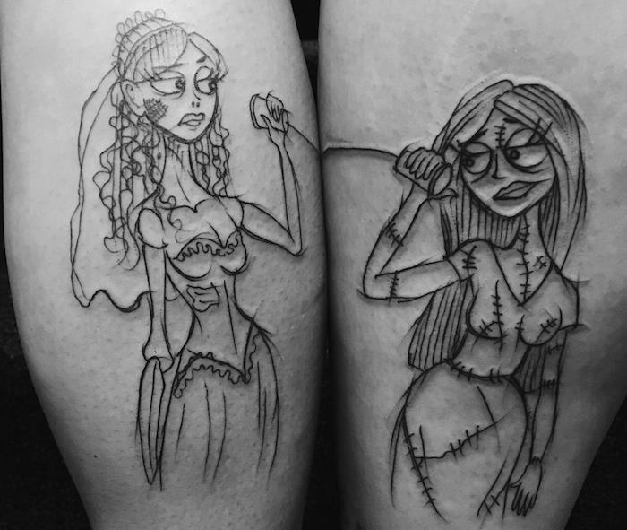 moterų draugystės tatuiruotė, tatuiruočių dizainas moterims su ilgais plaukais, rašalo tatuiruotė ant kojų