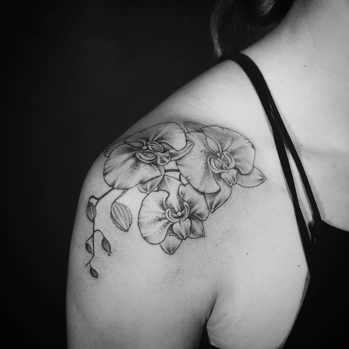 tatuiruotė gėlės orchidėjos pečiai moteris