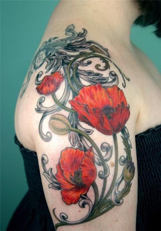 omuzda kırmızı çiçek dövmeleri ve haşhaş anlamı