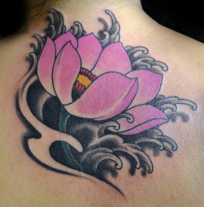 lotoso tatuiruotė, alyvinė ir juoda lotoso kaklo tatuiruotė, simbolinis gėlių dizainas