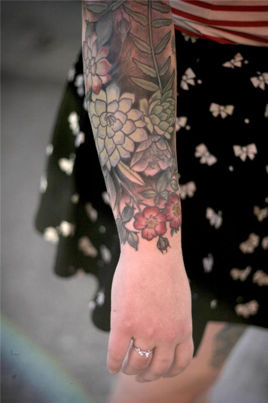 tetovaža podlakti za ženske rože in rastline lotosov češnjev cvet v barvi na celotni roki