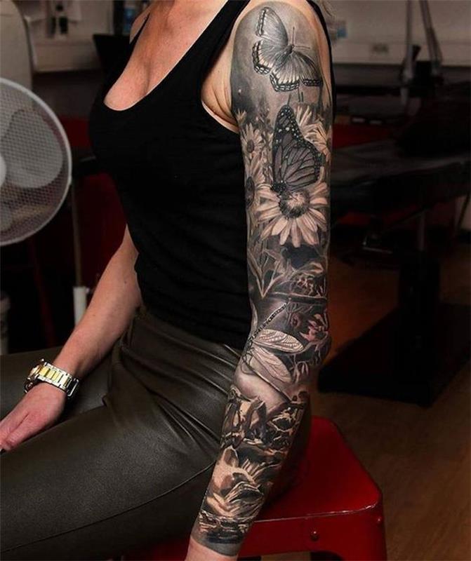 rokav za tetoviranje metulja in cvetja, bele marjetice, metulji, kačji pastirji, realistično oblikovanje tetovaže