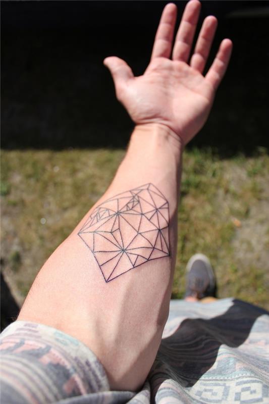 ön kolun iç kısmında yapılmış zarif ve simetrik bir tasarıma sahip geometrik bir dövme