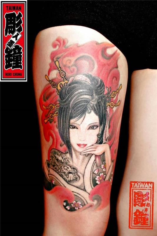 Japonska tetovaža, ki pomeni oblikovanje gejša tetovaža stegno Japonska