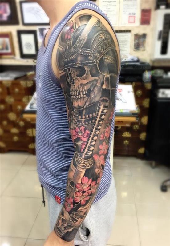 Tetovaža celotne roke za moške in oklepna tetovaža samurajski bojevnik