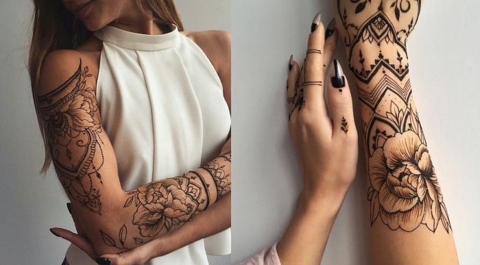 tetovaža s kano, primer nestalne tetovaže z obliko na rokah in rokah v cvetličnem dizajnu