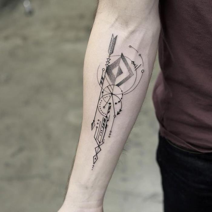 moška tetovaža na roki z geometrijskimi vzorci, povezanimi s puščico