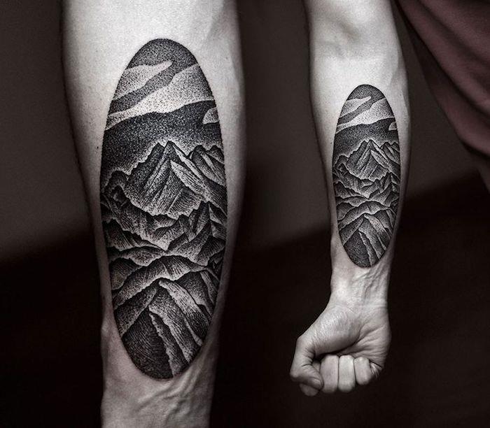 En güzel dövmeler, erkekler için dövme tasarım fikri, manzara, dağ dövmesi, bacaklarda dövme