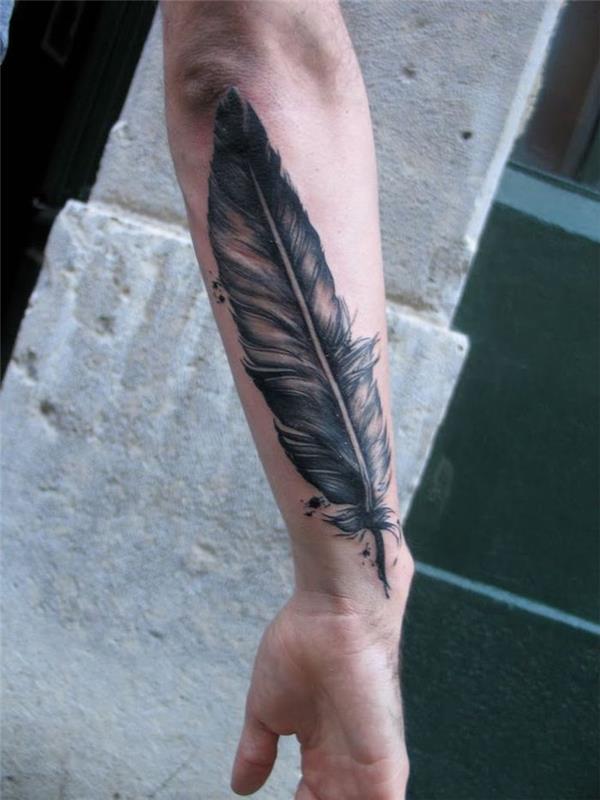plunksnų tatuiruotė, rašalo dizainas ant rankos, plunksnų tatuiruotė vyrams
