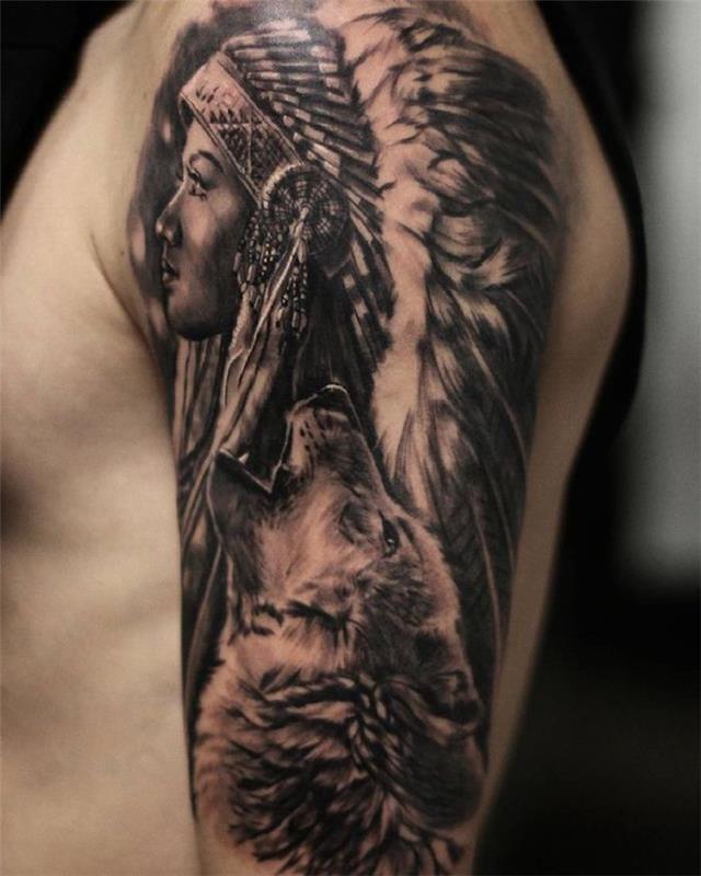 predloga za tatoo za moške, risba s črnilom na roki z obliko žensk in volka