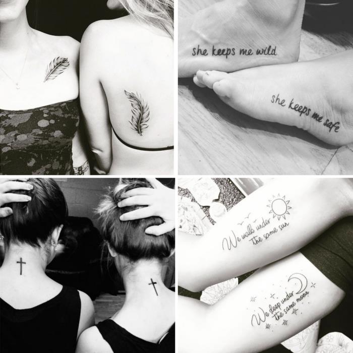 tatuiruota moteris, baltos ir juodos merginų draugystė, idėja, kaip išsirinkti simbolinę tatuiruotę