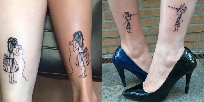 tatuiruotės idėja, rašalo piešimas ant kojų geriausio draugo dizaino su ilgais ir trumpais plaukais