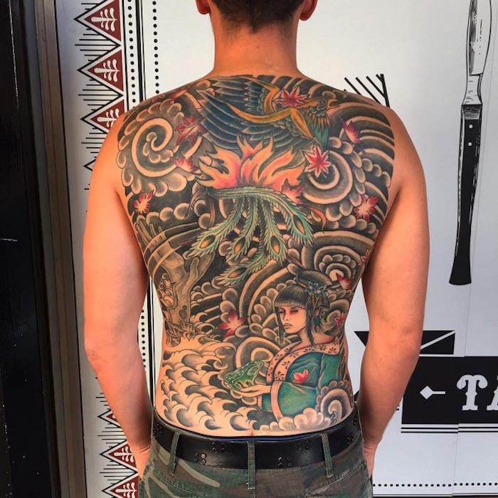 Japonų tatuiruotė su nugara vyro spalvų simboliai Japonijos tatuiruotė