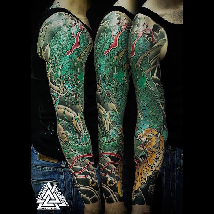 Japonų tatuiruotės modelis visos rankos rankogalių drakonas