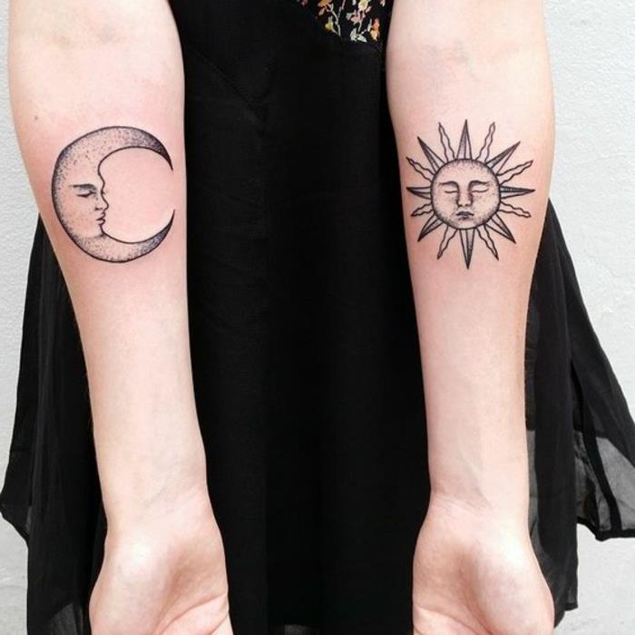 mėnulio tatuiruotė, mėnulio ir saulės rankos tatuiruotės, atitinkančios tatuiruotės, dilbio tatuiruotė