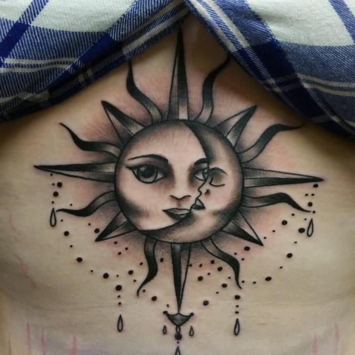 mėnulio ir saulės tatuiruotė, gana juoda tatuiruotė, personifikuotas mėnulis ir saulė, bundanti saulė ir miegantis mėnulis