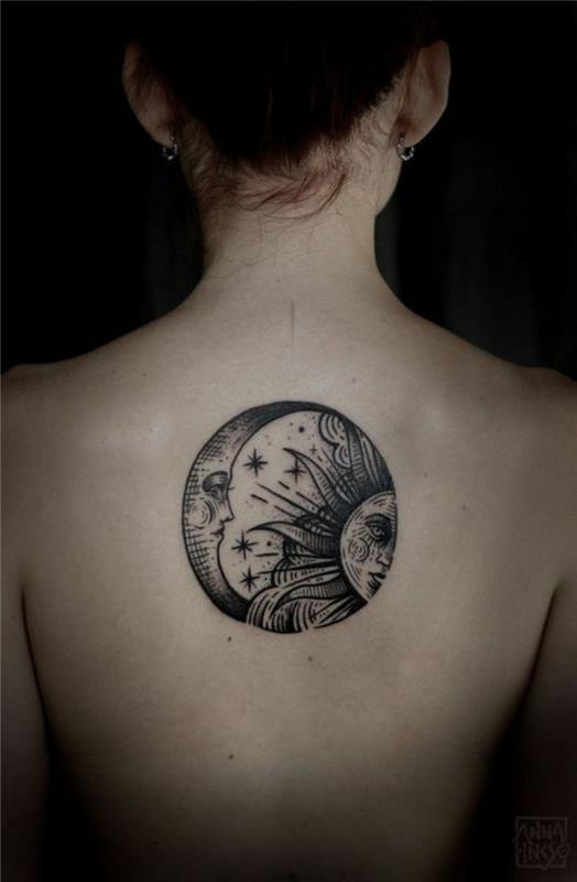 mėnulio tatuiruotė, mėnulio ir saulės nugaros tatuiruotė, žvaigždės ir mėnulio bei saulės vestuvinis žiedas