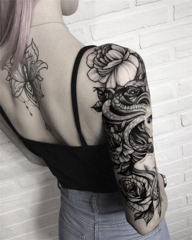 tetovaža lotusa na hrbtu, super ženska tetovaža meduz na roki, rože