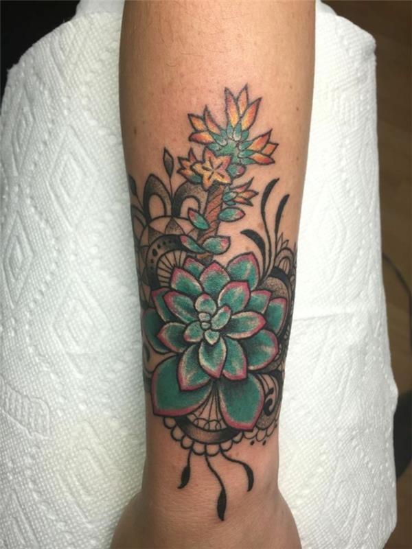 vyro rankogalių tatuiruotė, sukulentai ir kaktusai tatuiruoti ant rankos, spalvingas tatuiruotės šablonas