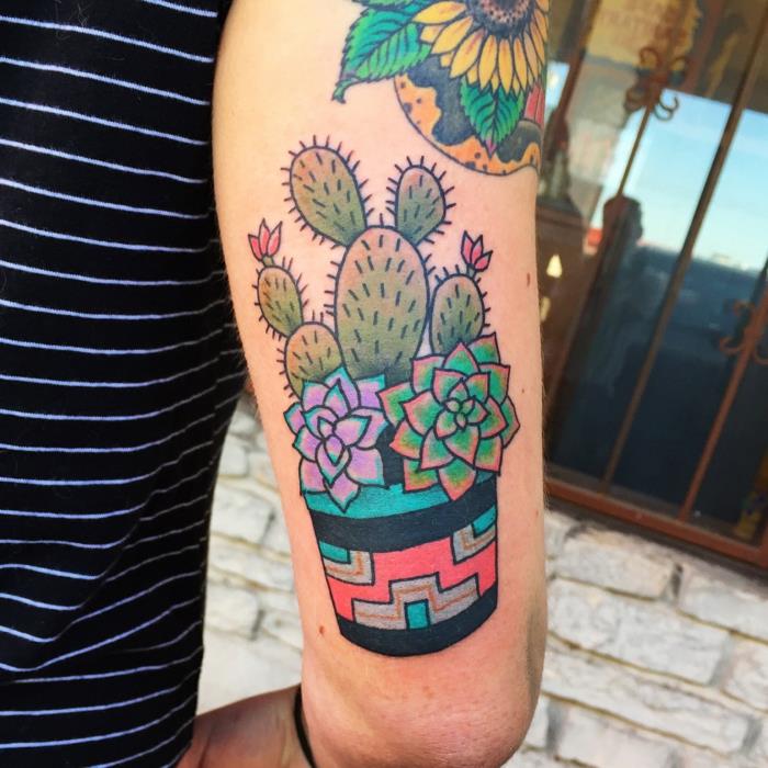 žmogaus rankogalių tatuiruotė, sukulentai ir kaktusai spalvingame puode, saulėgrąžų tatuiruotė