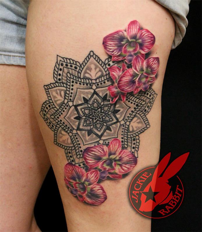 Mandala tatuiruotė šlaunies moteris gėlės orchidėjos