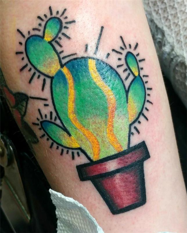 Molller kaktuso tatuiruotė, molio puodas tatuiruotas ant kūno, tatuiruotė žalia ir geltona