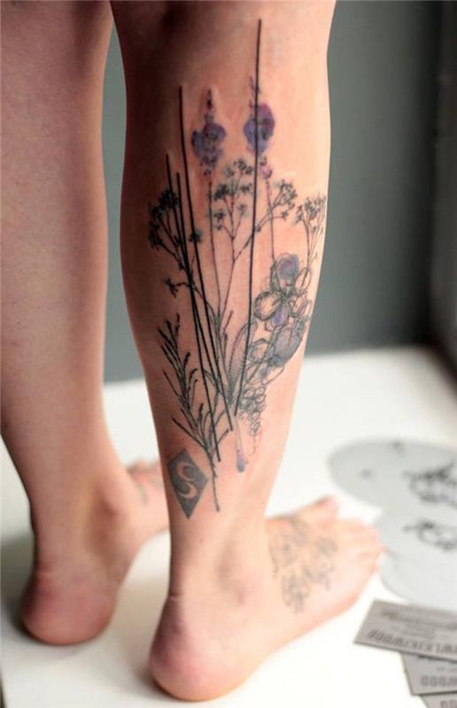 dövme bacak kadın dövme buket çiçek buzağı kök bitki