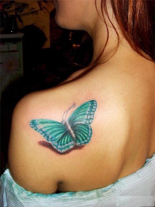 metulj nazaj, turkizna tetovaža metulja, lepe tetovaže za ženske, ženska tetovaža na hrbtu