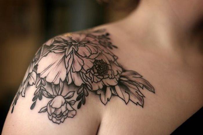 Tetovaže ramen potonike, cvetlične tetovaže, enobarvni modeli tetovaž, ženska tetovaža ramen