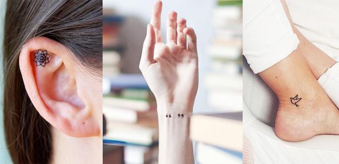 majhna ženska tetovaža, risba s črnilom s poetičnim oblikovanjem z narekovaji na zapestju, minimalistična tetovaža mandale na ušesu