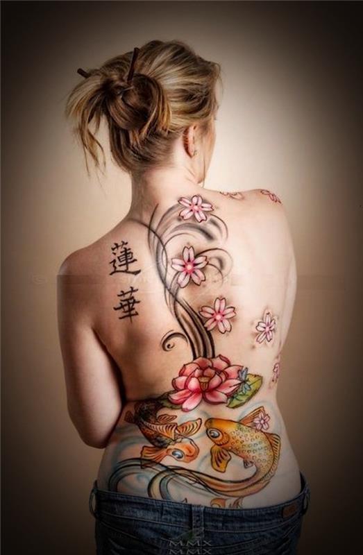 Japonų tatuiruotė ant nugaros pilni moters simboliai Japonijos tatuiruotė karpis koi lotoso gėlė