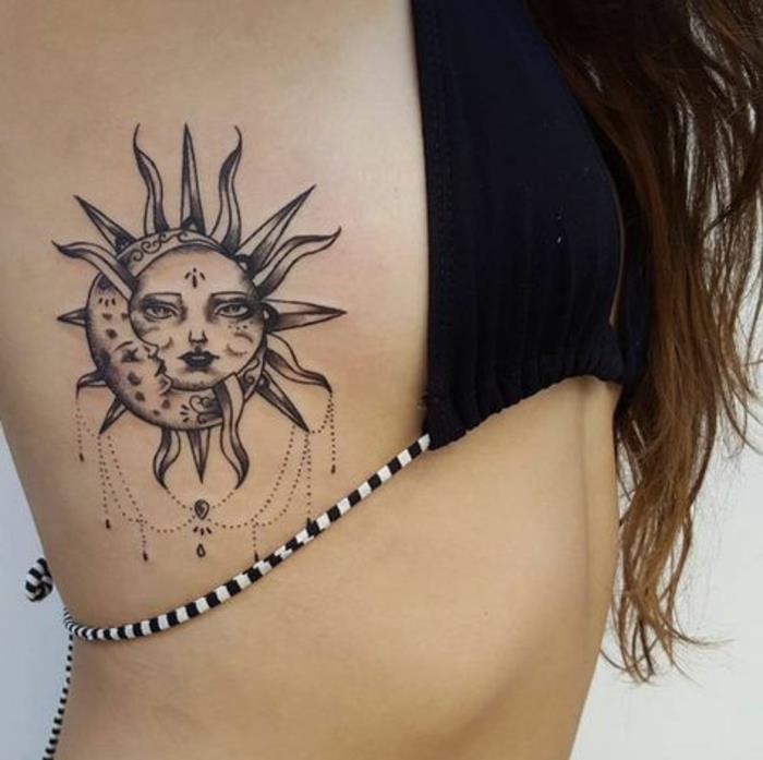 güneş dövmesi, ay ve güneş arasında sarılma, sevimli gök dövmesi tasarımı