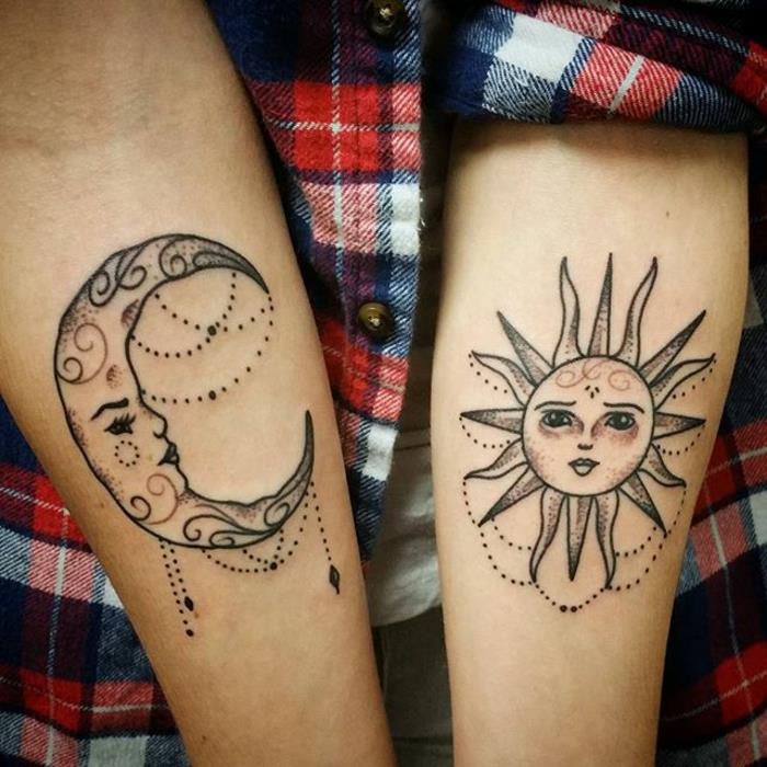 saulės ir mėnulio tatuiruotė, dilbio tatuiruotė, mėnulio ir saulės vaizdai