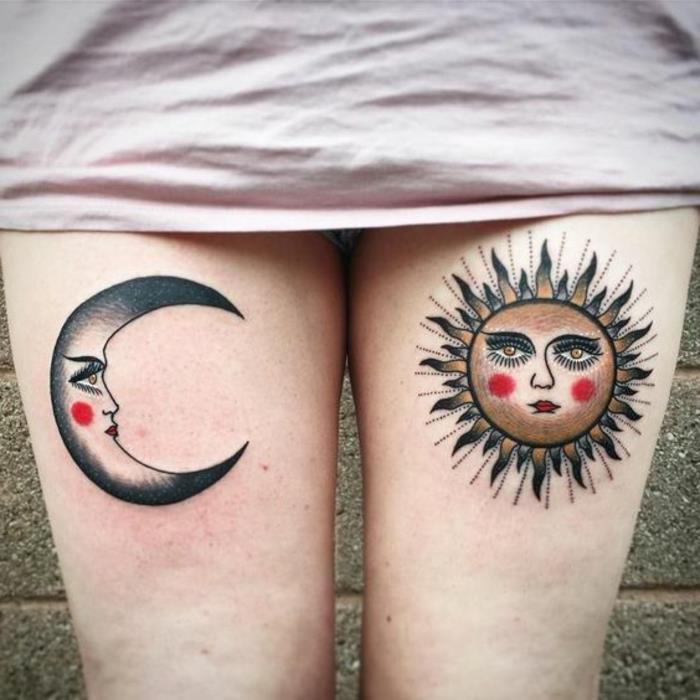 saulės ir mėnulio tatuiruotė, moters šlaunų tatuiruotės, personifikuotas mėnulio ir saulės diskas