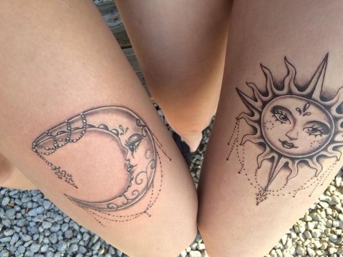 saulės ir mėnulio tatuiruotė, mėnulio ir saulės diskas, papuoštas pakabukais, tatuiruotais ant odos