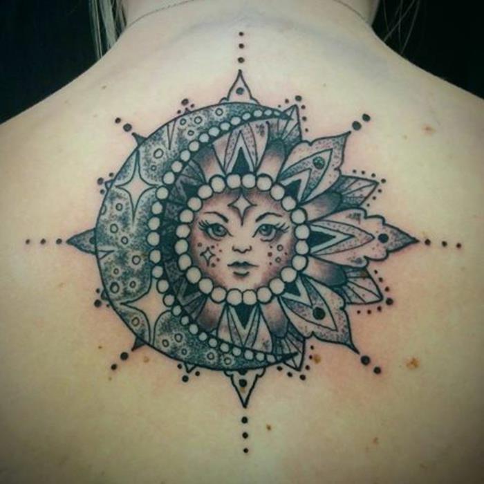saulės ir mėnulio tatuiruotė, mandalos tatuiruotė, vėsus mėnulio ir saulės dizainas