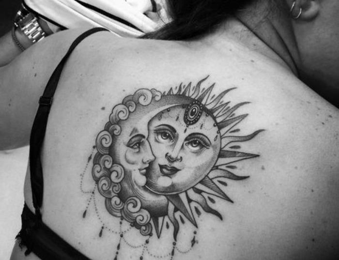 saulės ir mėnulio tatuiruotė, moteris ir įsimylėjęs vyras mėnulio ir saulės pavidalu