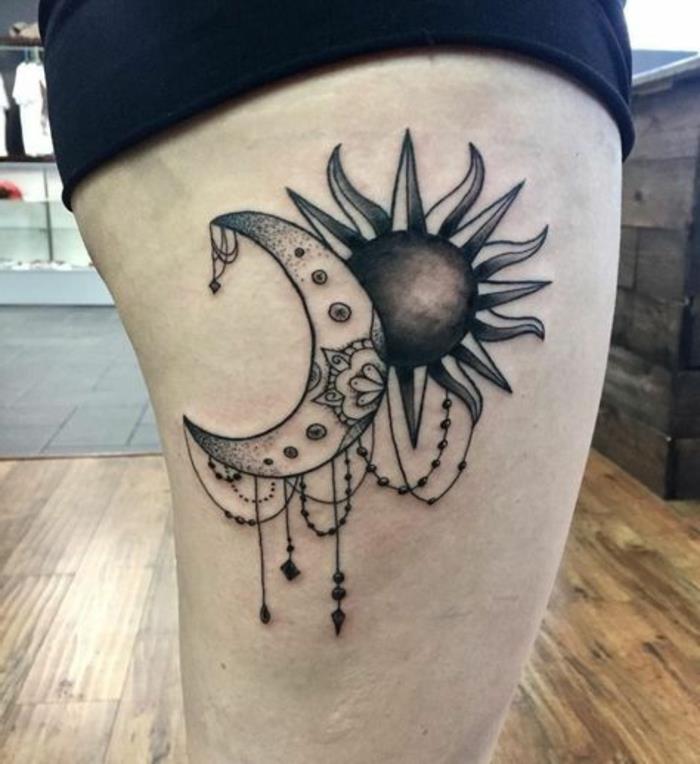 saulės ir mėnulio tatuiruotė, mėnulio ir saulės tatuiruotė, mielas tatuiruotės dizainas moterims